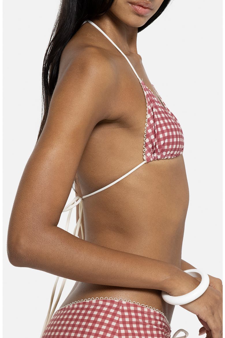 Gingham Picot Trim Triangle Bikini Top, Alternate, color, RED