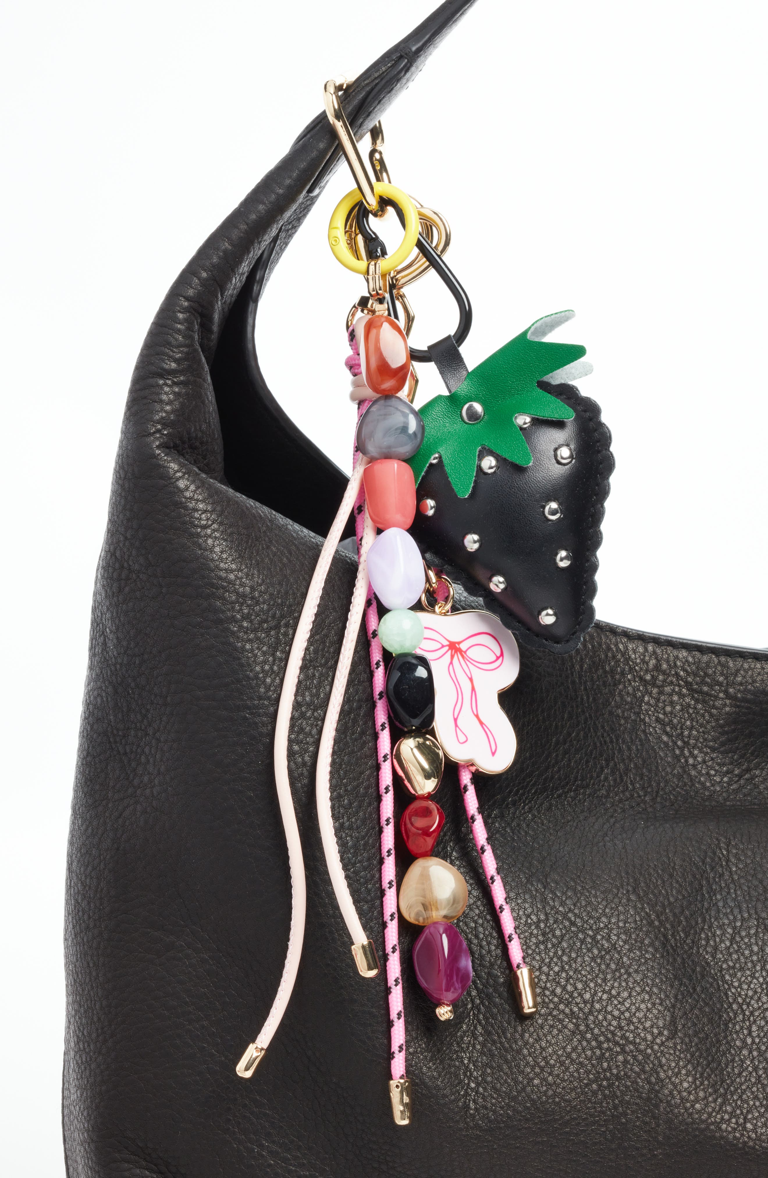 Chelsea28 Strawberry & Bow Beaded Faux Leather Bag Charm, Alternate, color, Pink Multi- Gold