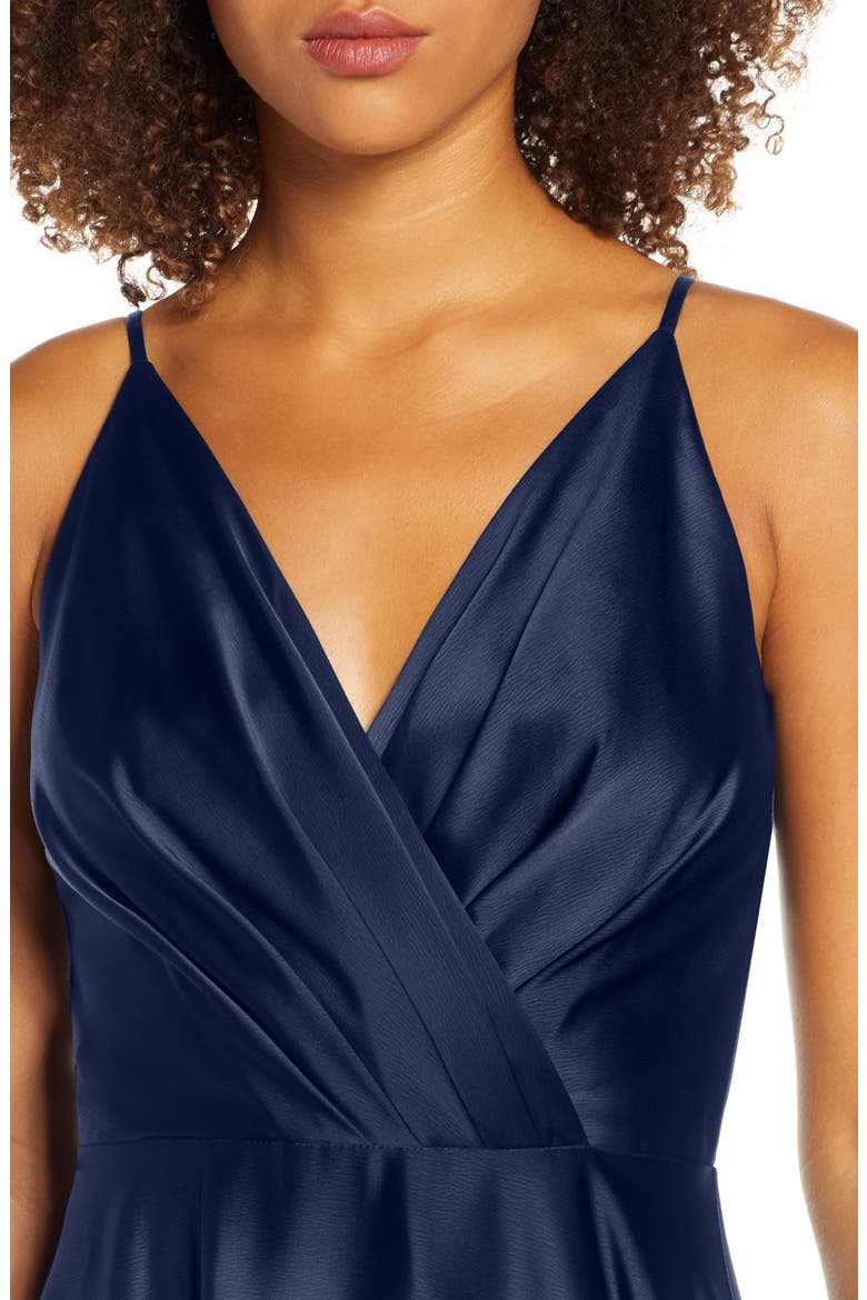 Katherine Surplice High/Low Satin Gown, Alternate, color, NAVY