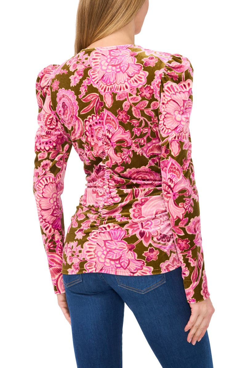 CeCe Floral Ruched Puff Sleeve Stretch Velvet Top, Alternate, color, 