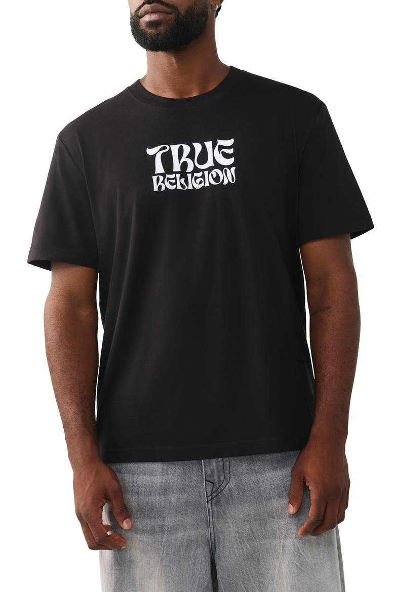 Wavy Logo Buddha Face Graphic T-Shirt, Main, color, JET BLACK