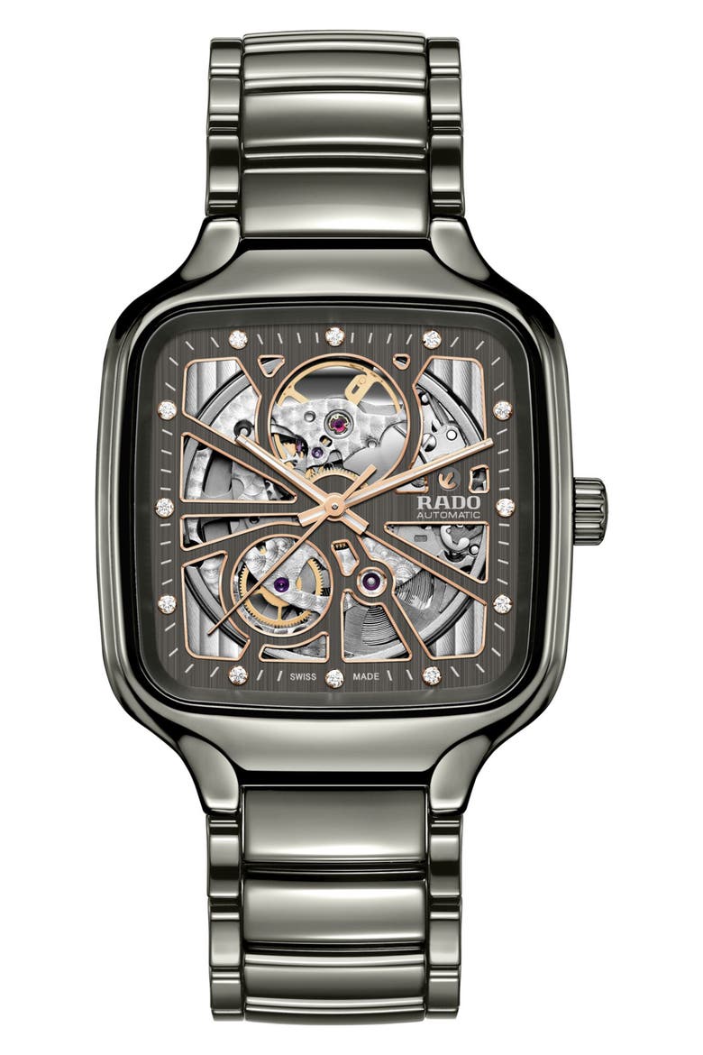 True Square Diamond Automatic Open Heart Bracelet Watch, 38mm, Main, color, GRAY