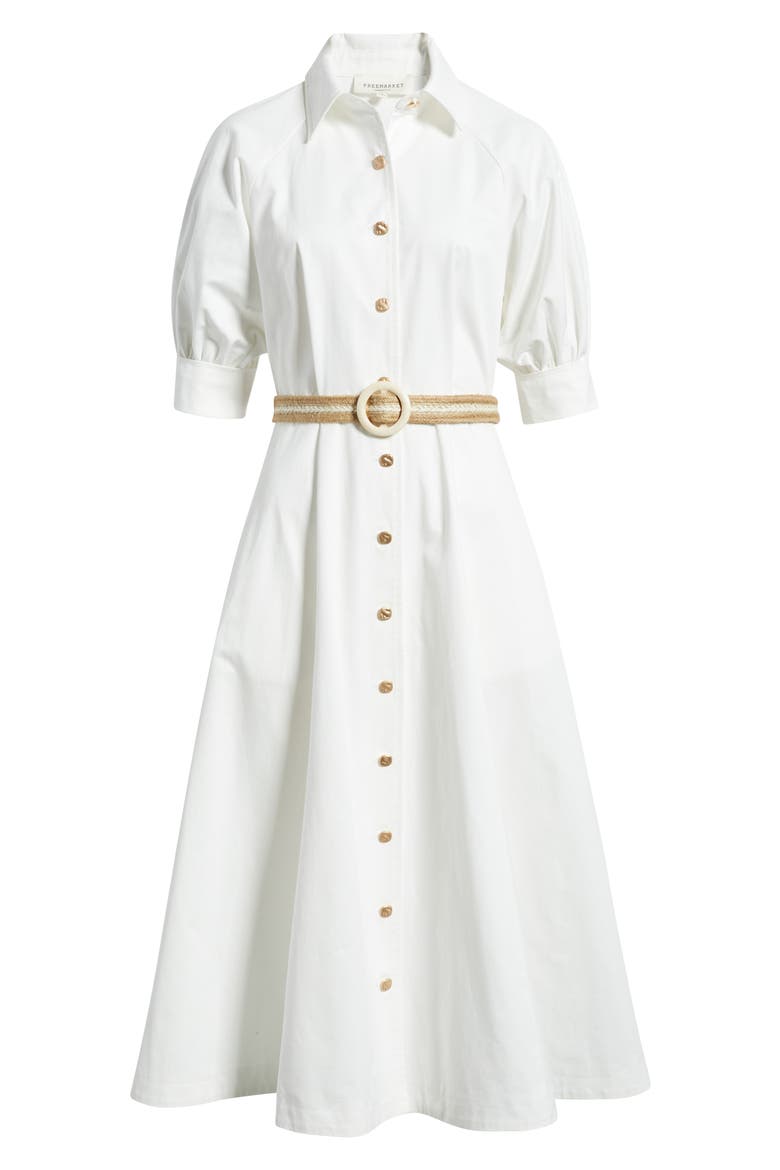 Puff Sleeve Belted Cotton Midi Shirtdress, Alternate, color, WHITE