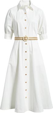 FREEMARKET Puff Sleeve Belted Cotton Midi Shirtdress