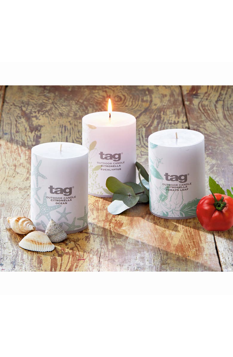 tag Citro White Pillar Candle with Tom Leaf Design 14oz, Alternate, color, White