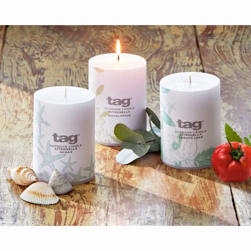 Tag Citro White Pillar Candle With Tom Leaf Design 14oz In White
