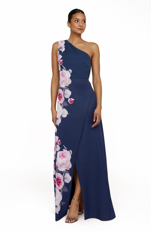 Kay Unger Carissa One-shoulder Gown In Deep Navy