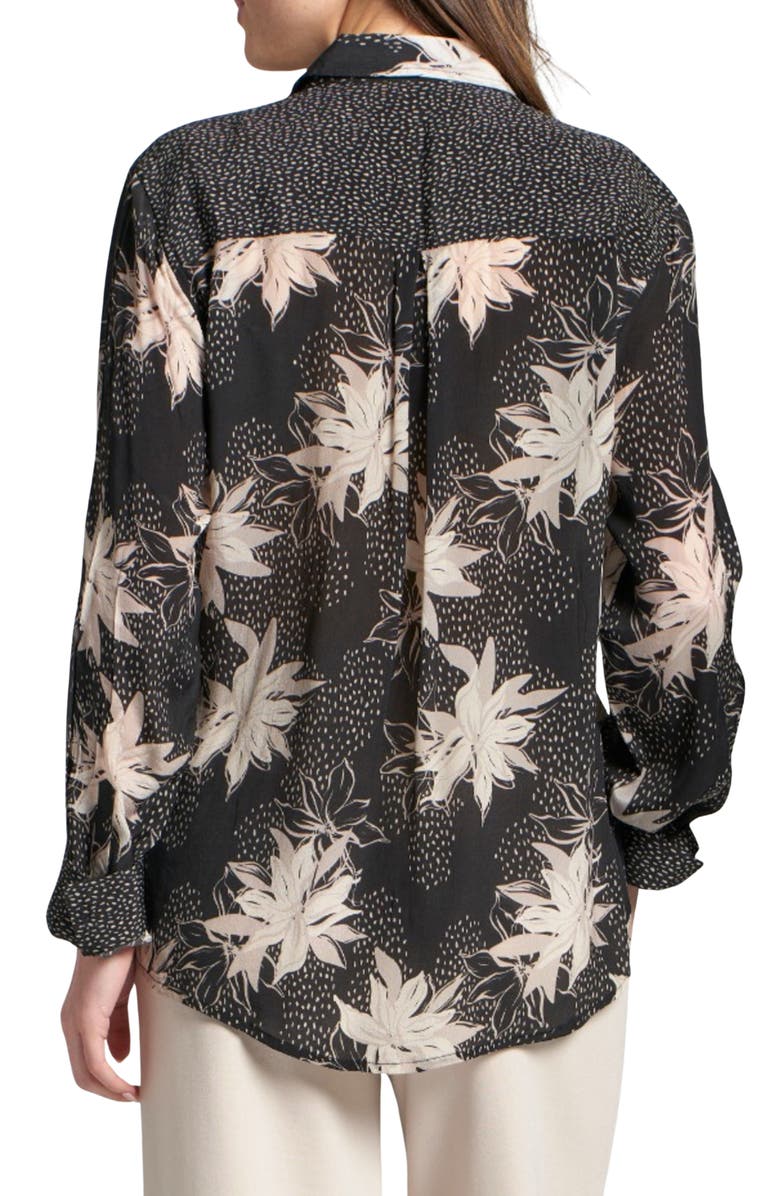 APNY Abstract Print Roll Tab Sleeve Chiffon Button-Up Shirt, Alternate, color, Black Floral Multi