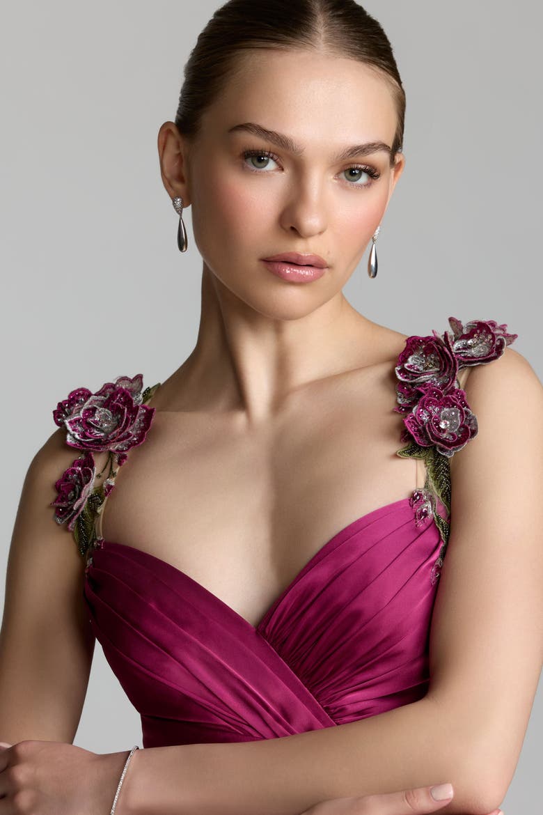 Petite Pleated High Low Gown With 3D Floral Straps, Alternate, color, Magenta