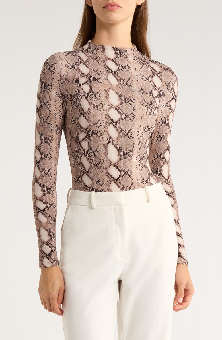 Naked Wardrobe Naked Snakeskin Print Long Sleeve Bodysuit, Main, color, Light Beige Snakeskin