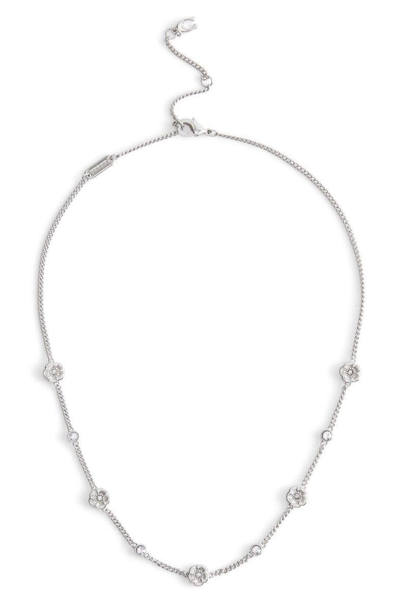 COACH Tea Rose & Crystal Station Necklace, Alternate, color, Rhodium