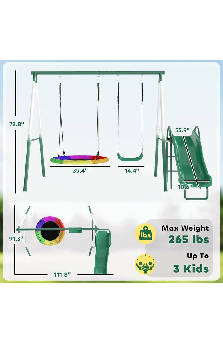 Qaba Metal Swing Set with Slide, Saucer Swing Seat, A-Frame Stand, Kids Ages 3-8, Alternate, color,