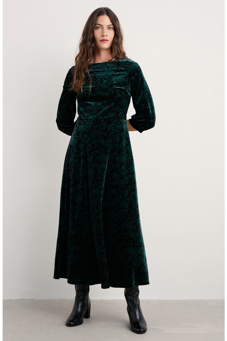 Oak Cottage Floral Velvet Midi Dress, Alternate, color, EVENING WOODLAND STUDIO GREEN