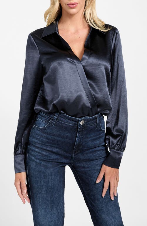 Guess Leah Long Sleeve Satin Bodysuit In Blue