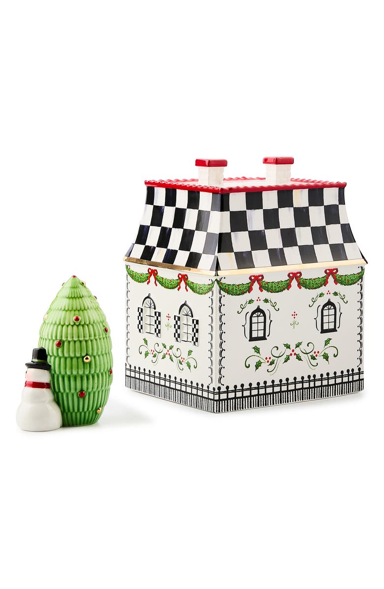 MACKENZIE CHILDS Holly Village Illuminated Ceramic Gingerbread Villa & Tree, Alternate, color, White