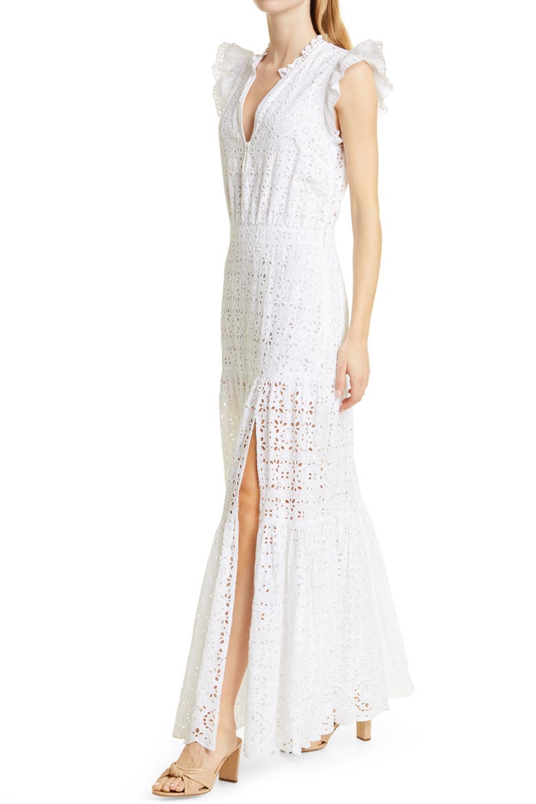 Satori Ruffle Cotton Eyelet Maxi Dress, Alternate, color, WHITE