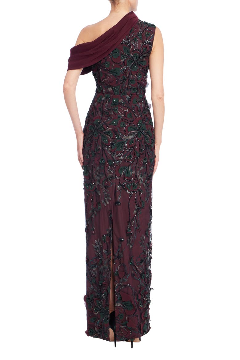 One-Shoulder Embroidered Sequin Gown, Alternate, color, WINE