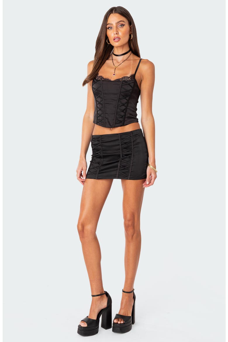 Lilith Lace Trim Satin Corset, Alternate, color, BLACK