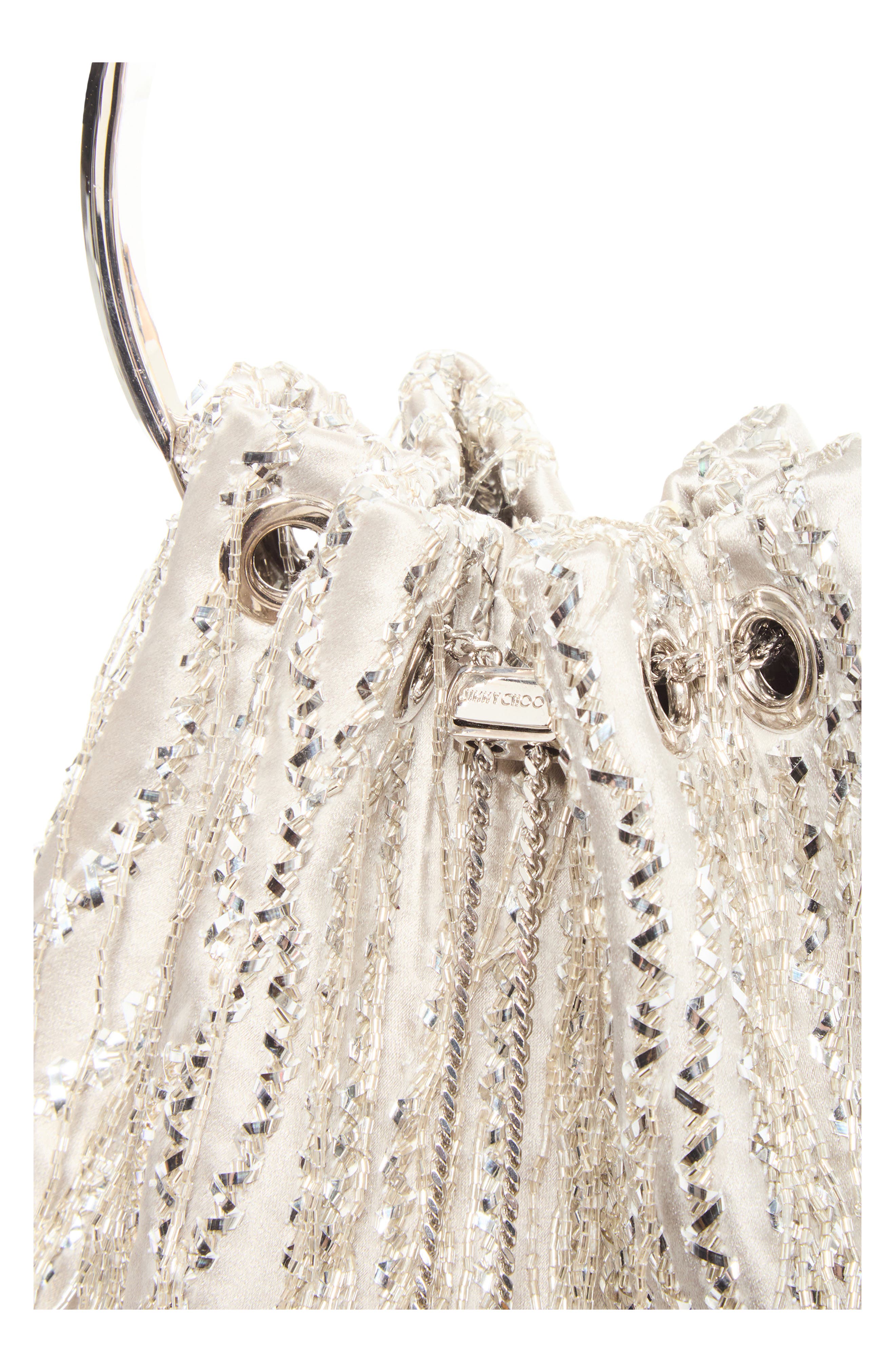 Bon Bon Beaded Fringe Satin Bucket Bag, Alternate, color, SILVER/ SILVER