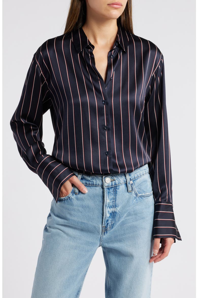The Standard Stripe Stretch Silk Button-Up Shirt, Main, color, NAVY MULTI STRIPE