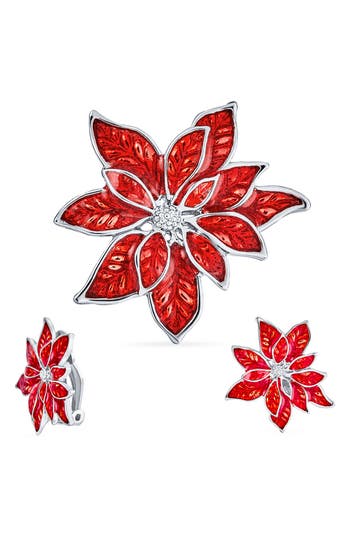 Bling Jewelry Enamel Pointsettia Clip-on Earrings In Red