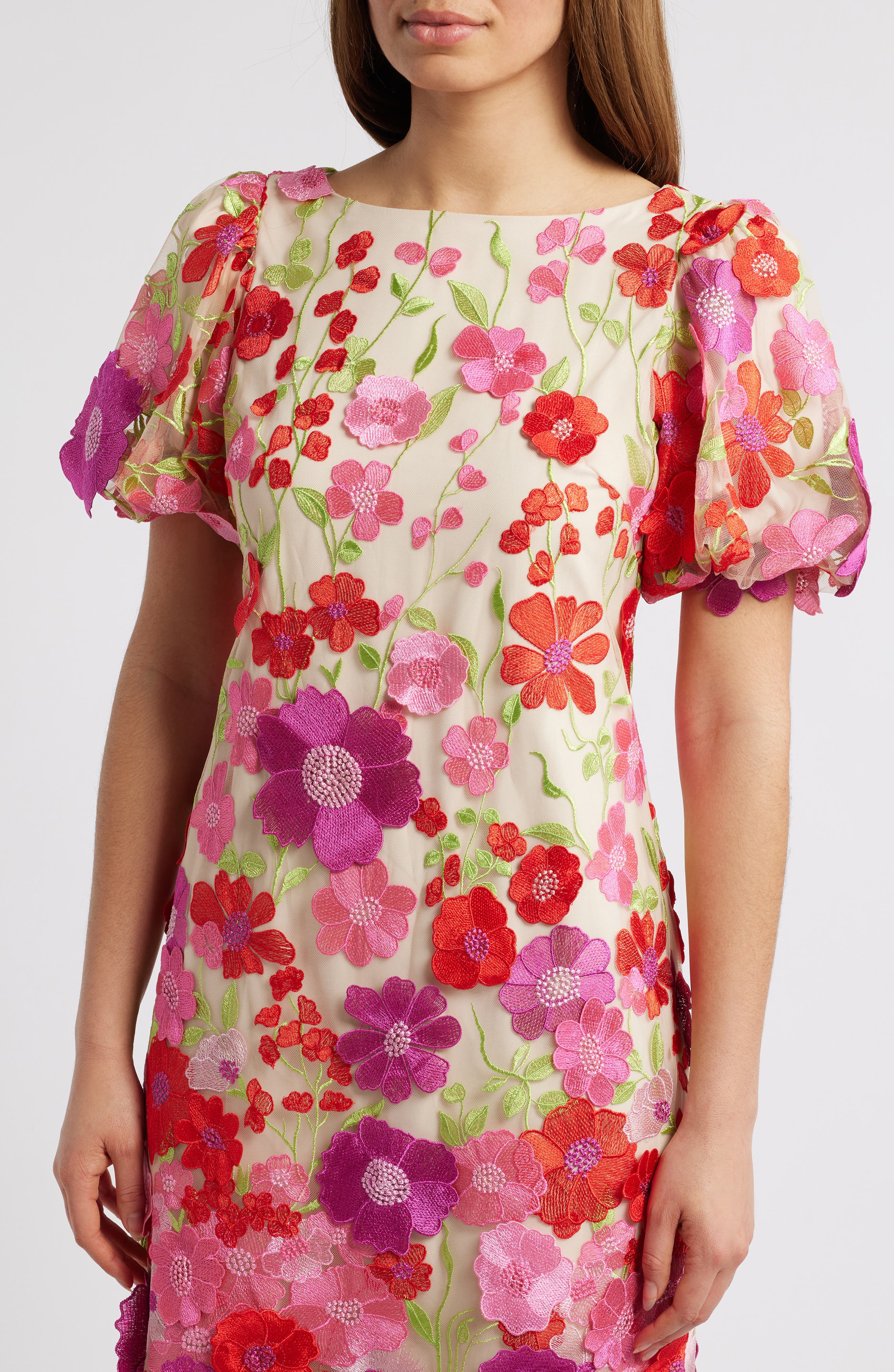pink embroidery eliza midi dress Eliza J Women's Embroidered Floral Puff-Sleeve Shift Dress - Pink