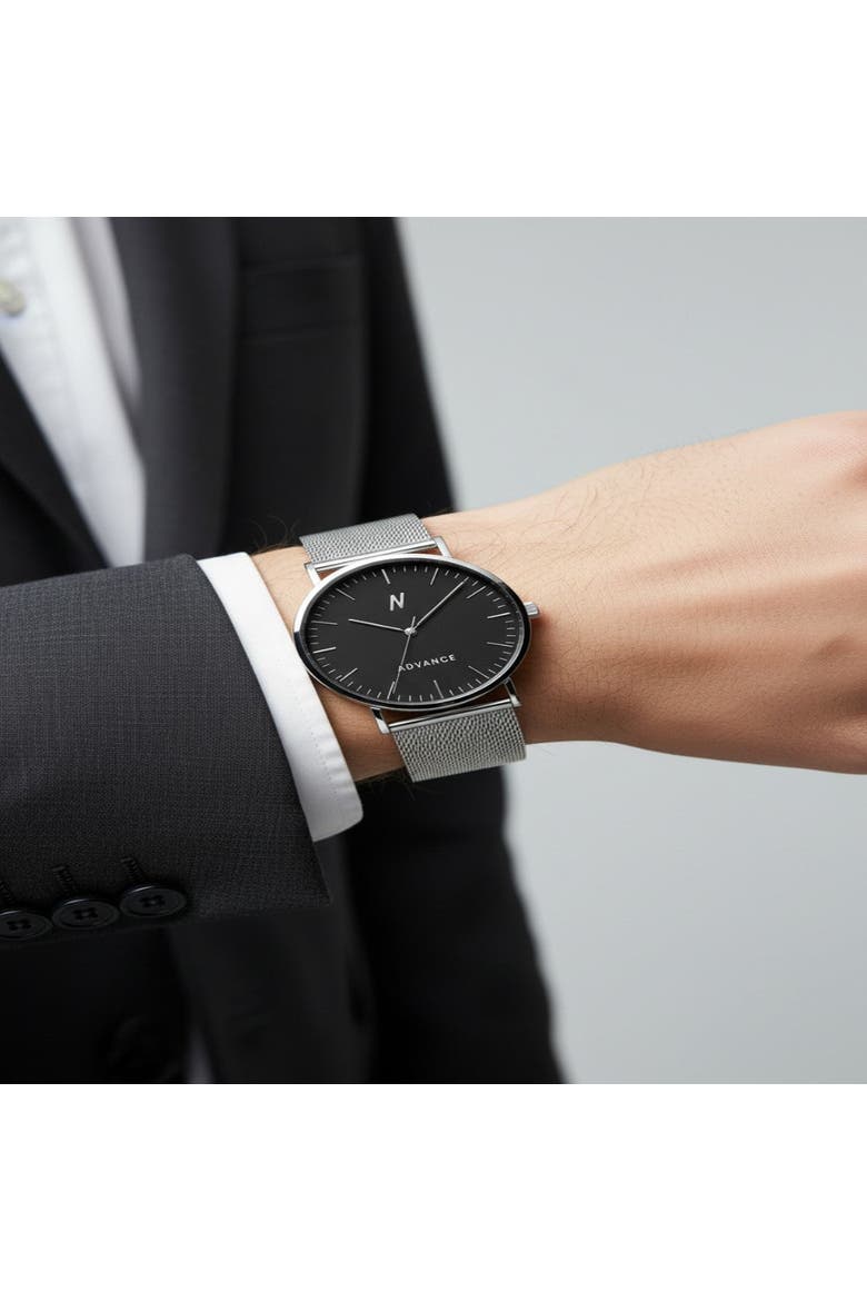 Advance Night Cap Mesh Bracelet Watch, 40MM, Alternate, color, Hushed Silver/Obsidian Black