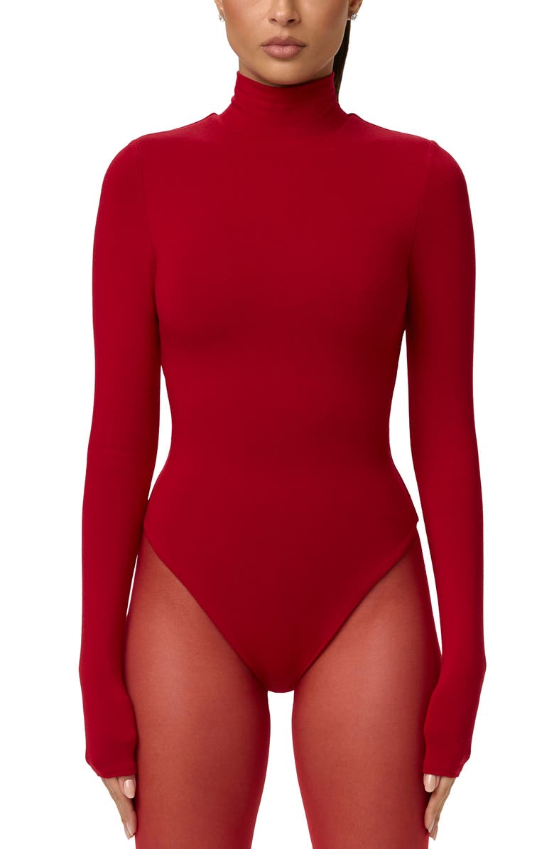 Naked Wardrobe Butter Turtleneck Long Sleeve Bodysuit, Main, color, Ruby Red