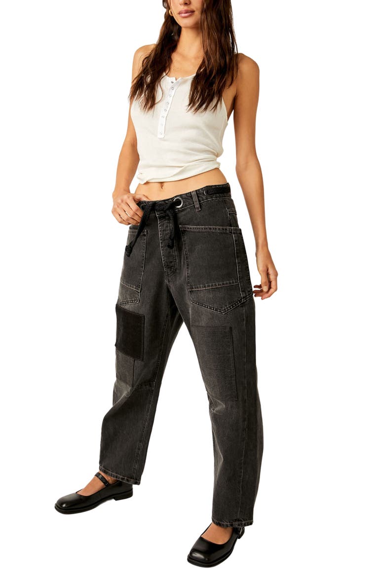 Moxie Low Rise Drawstring Barrel Leg Jeans, Alternate, color, NIGHT HAWK 2