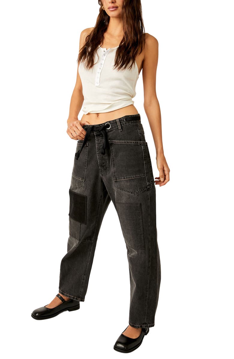 Free People Moxie Low Rise Drawstring Barrel Leg Jeans, Alternate, color, Night Hawk 2