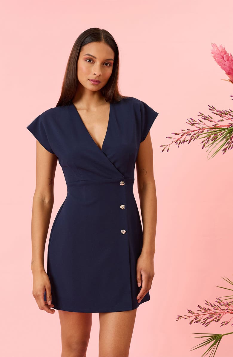 Donna Morgan Cap Sleeve Button Front Minidress, Alternate, color, Navy Blazer