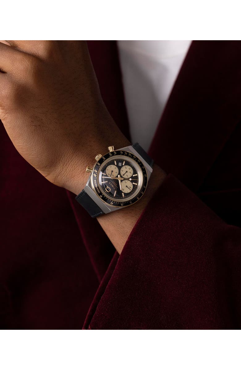 Timex<sup>®</sup> Q Chronograph Leather Strap Watch, 40mm, Alternate, color, Black