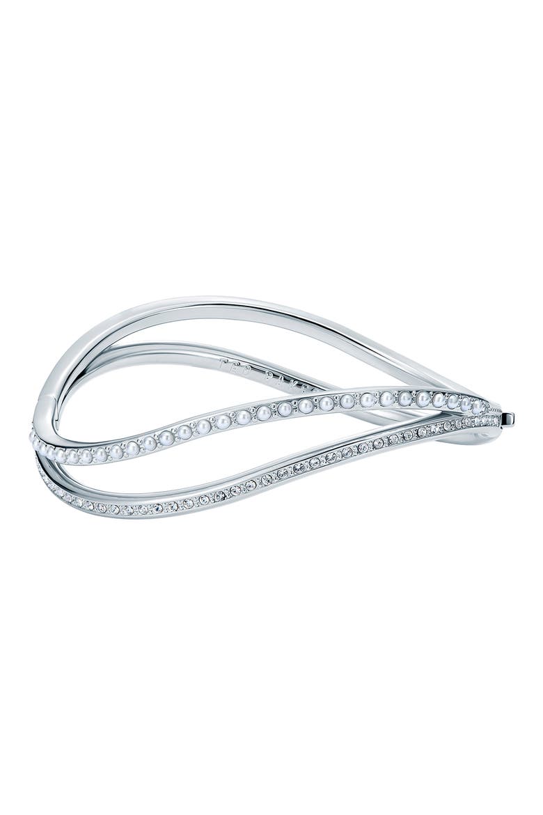 Wavie Faux Pearl & Crystal Hinged Bangle, Main, color, SILVER TONE / PEARL / CLEAR