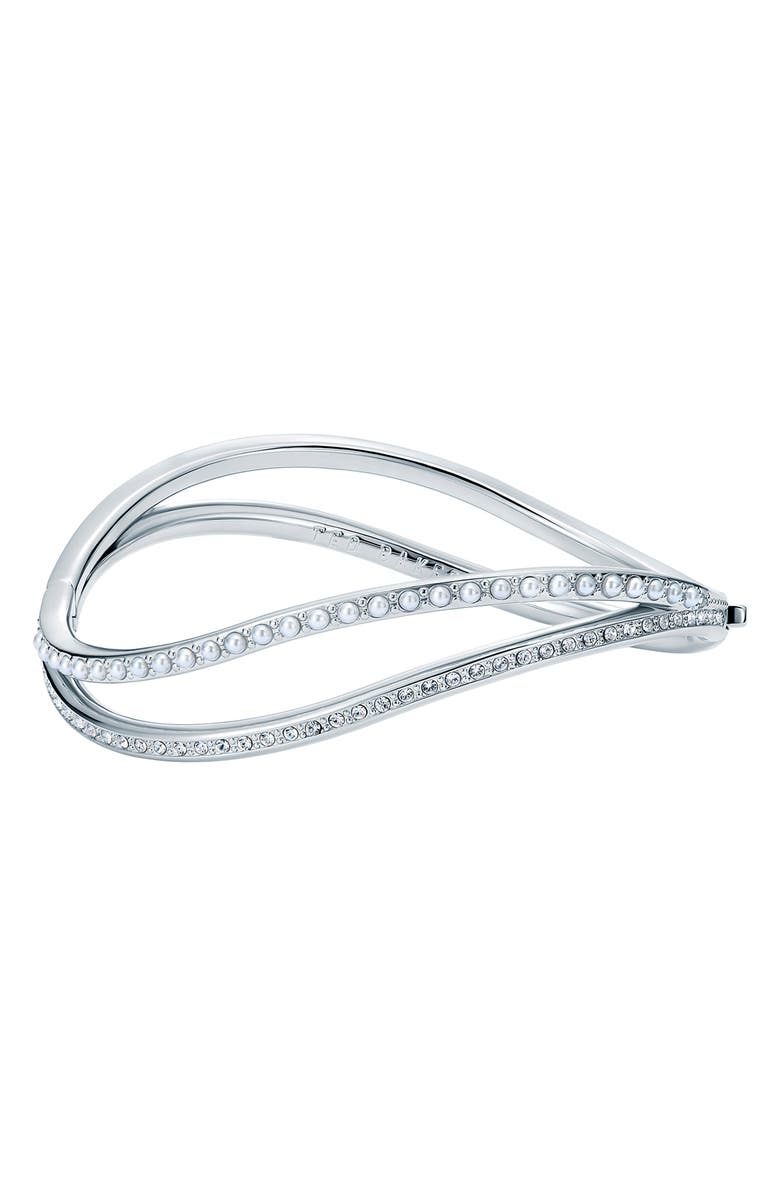 Ted Baker Wavie Faux Pearl & Crystal Hinged Bangle, Main, color, Silver Tone / Pearl / Clear