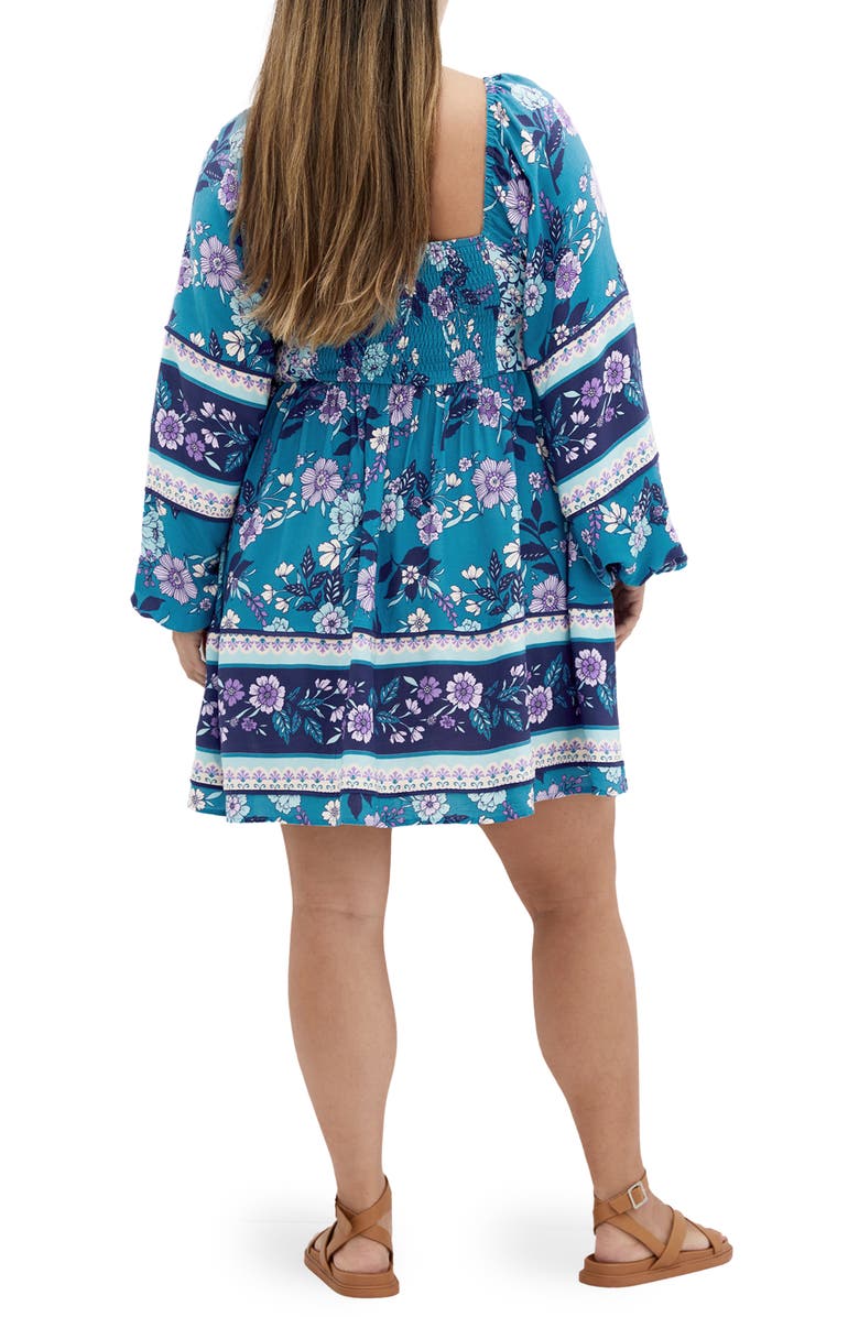 City Chic Rose Print Long Sleeve Minidress, Alternate, color, Blue Border