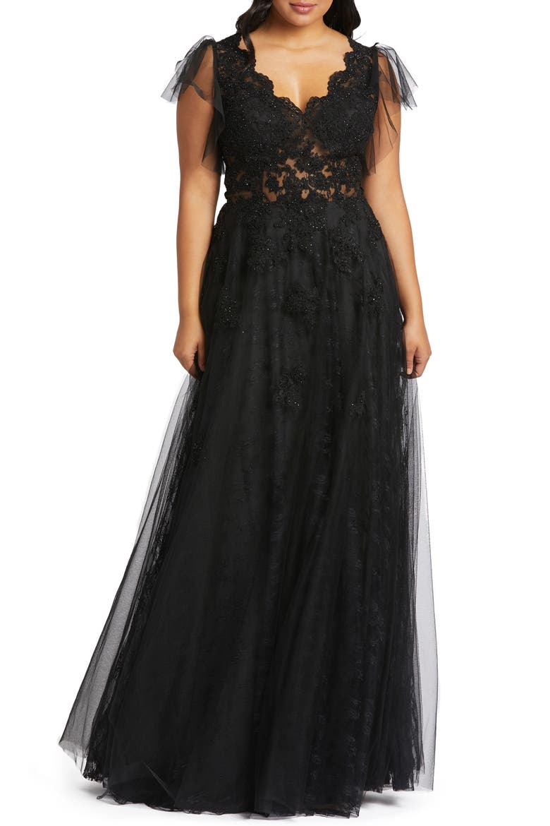 Lace Illusion Tulle Gown, Main, color, BLACK