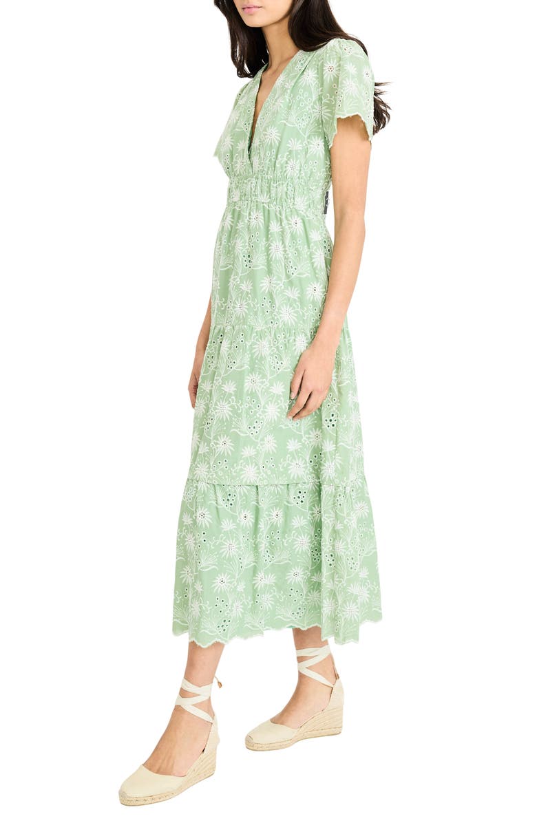 Maggy London Floral Embroidered V-Neck Tiered Midi Dress, Alternate, color, Fair Green/ Ivory