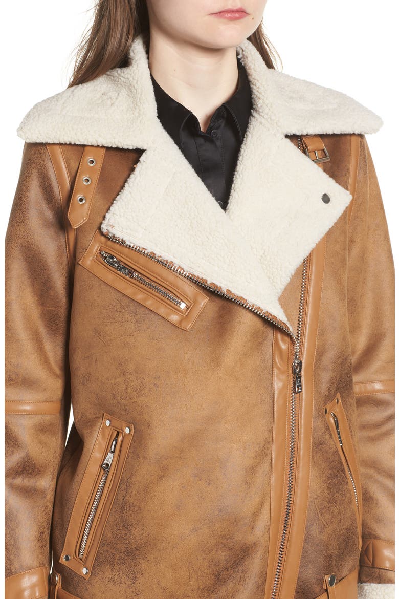 Faux Shearling Biker Jacket, Alternate, color, WHISKEY