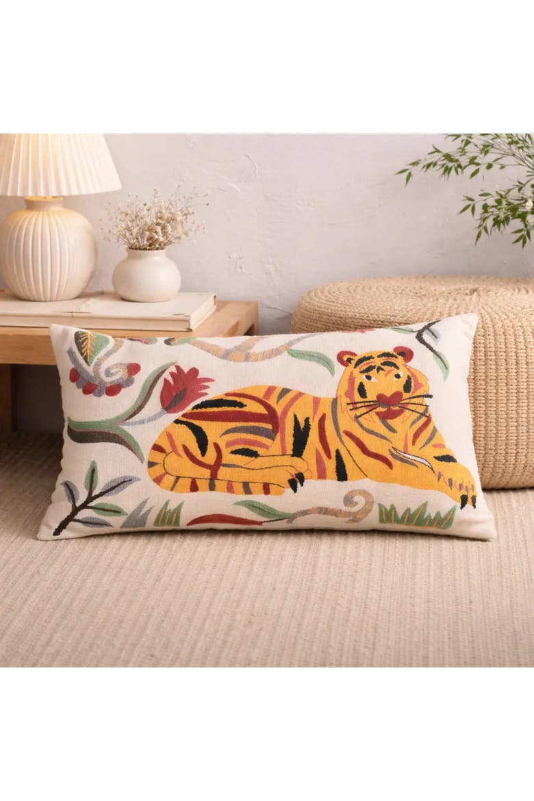 Floral Safari Tiger Pillow | Cotton Fabric, Alternate, color, White