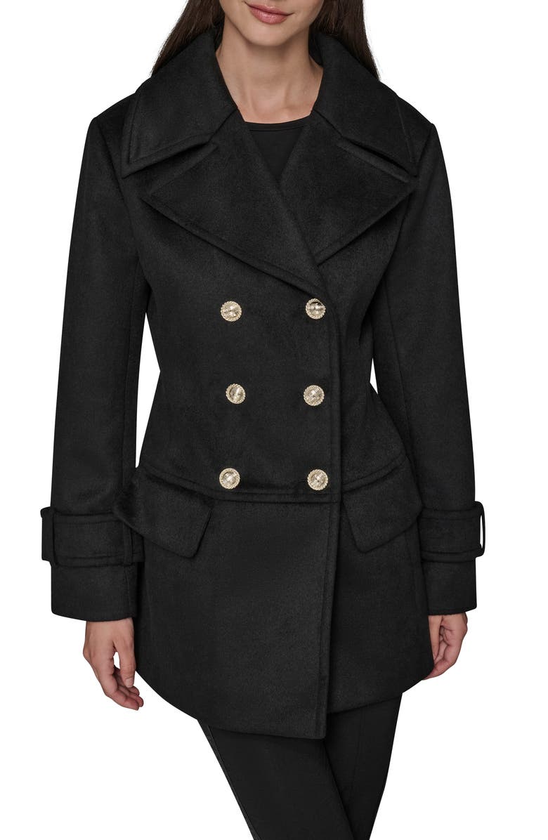 KARL LAGERFELD PARIS Low Waist Double Breasted Wool Blend Peacoat, Main, color,