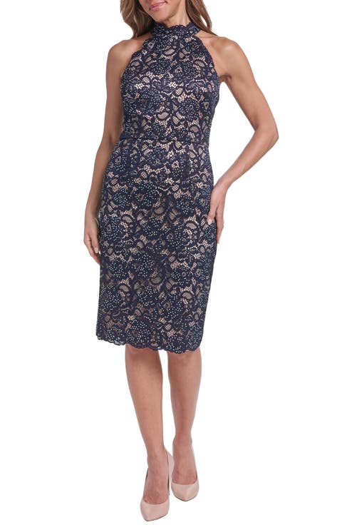 Lace Mock Neck Sleeveless Sheath Dress