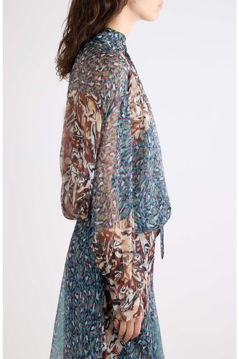 Cenvy Mini Marbled Print Silk Mousseline Button-Up Shirt, Alternate, color, PETROL