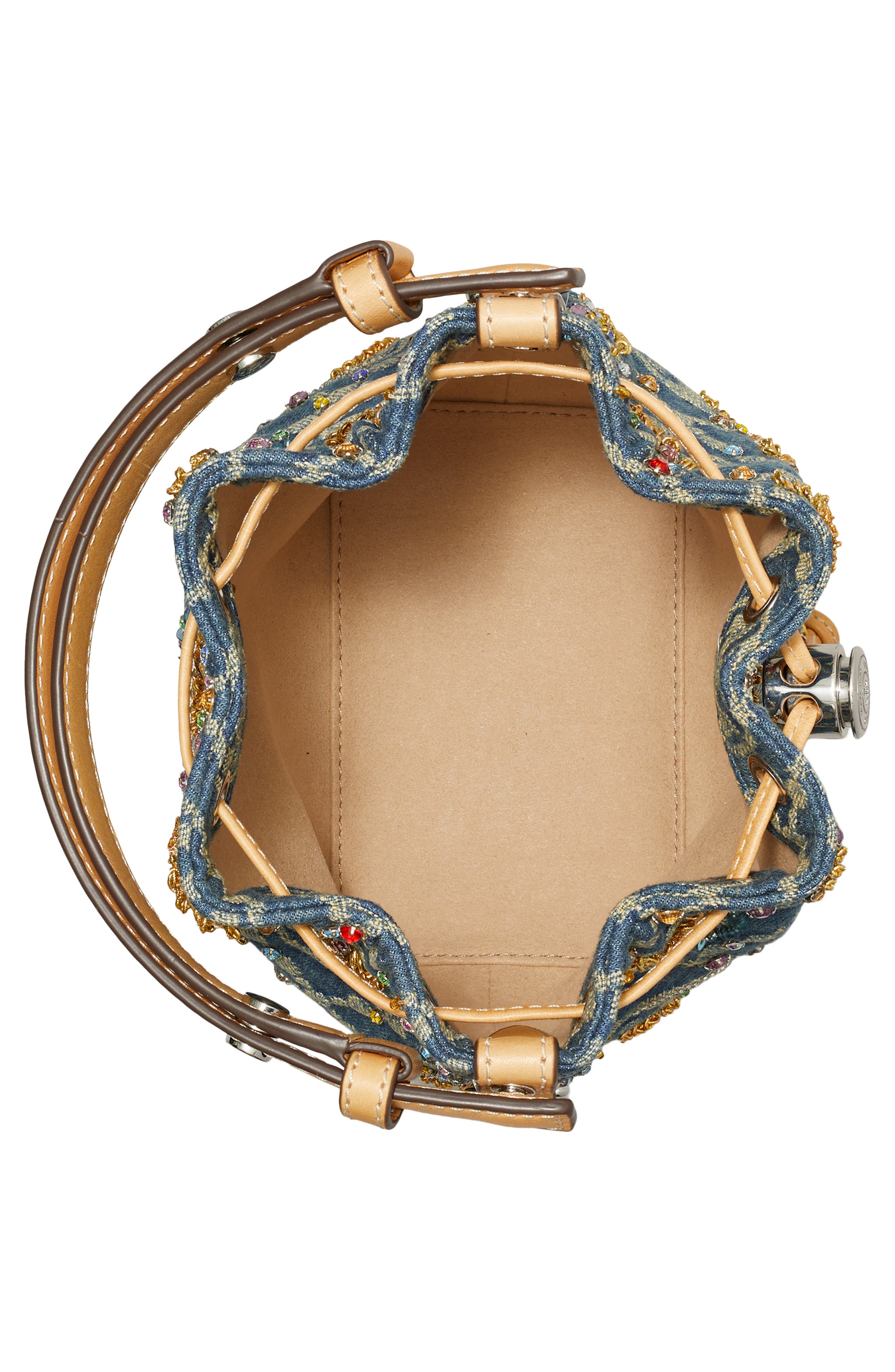 Tory Burch T Monogram Embellished Denim Bucket Bag, Alternate, color, 