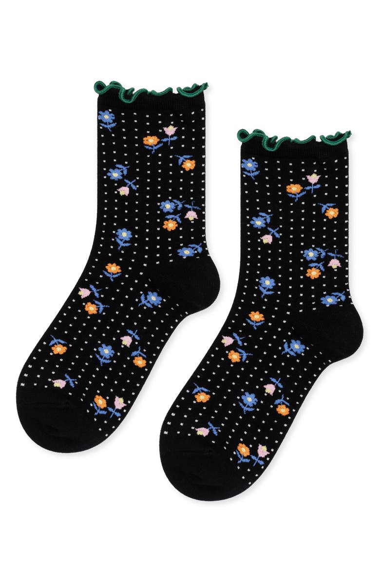 Hansel From Basel Dottie Floral Cotton Blend Crew Socks, Main, color, Black
