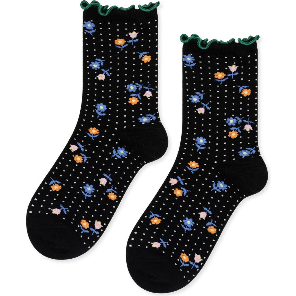 Hansel From Basel Dottie Floral Cotton Blend Crew Socks In Black