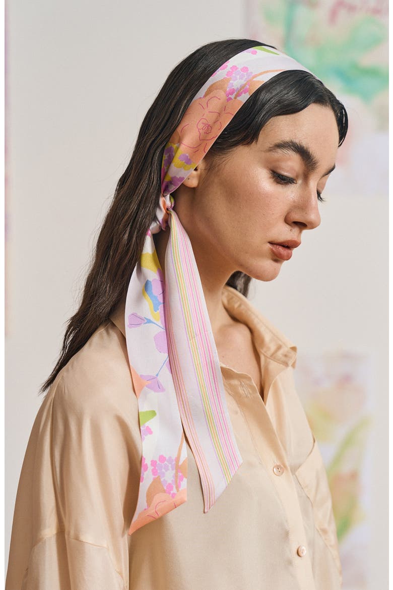 Frida Garden Print Skinny Silk Scarf, Alternate, color, PINK