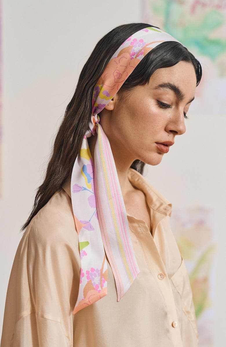 Lost Pattern Frida Garden Print Skinny Silk Scarf, Alternate, color, Pink