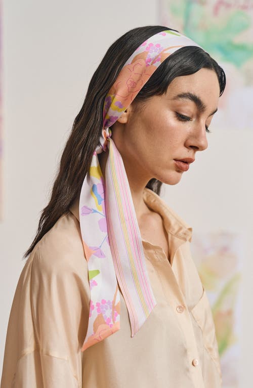 Lost Pattern Frida Garden Print Skinny Silk Scarf In Pink