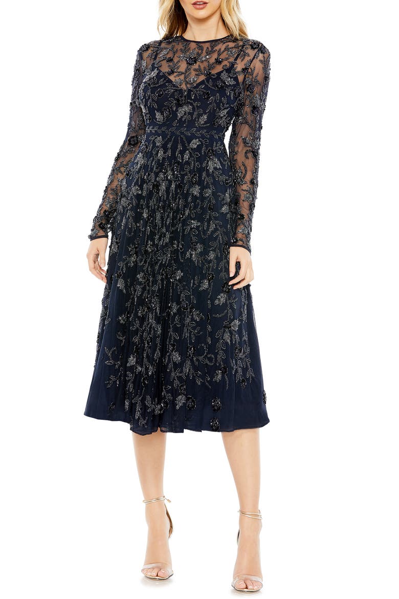 Beaded Floral Long Sleeve Cocktail Midi Dress, Main, color, NAVY