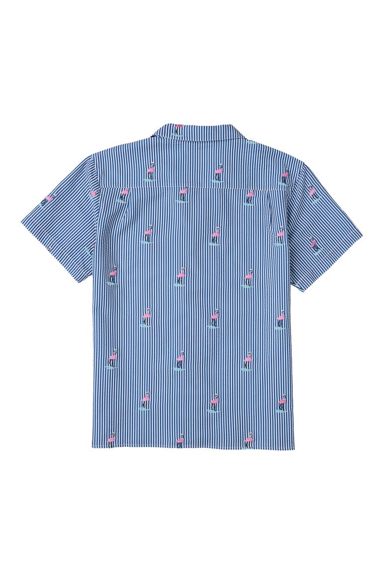 Mingo Weekender Stripe Flamingo Print Seersucker Camp Shirt, Alternate, color, INDIGO